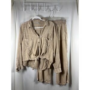 Raya Sun Linen Cotton 2 Piece Set Tan Tie Front Shirt & Wide Leg Pants M/L